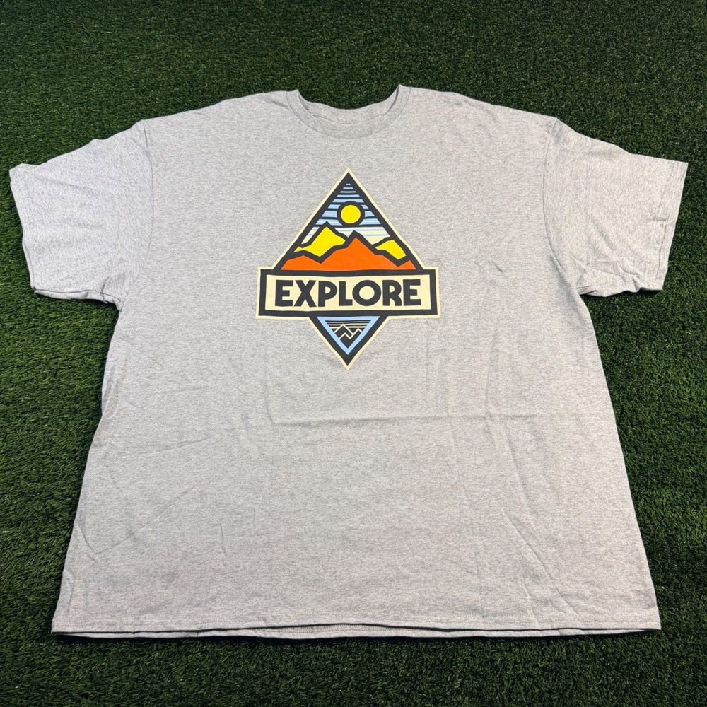 Mens Explore Mountain Graphic T-Shirt Gray Short Sleeve Crew Neck 3XL
